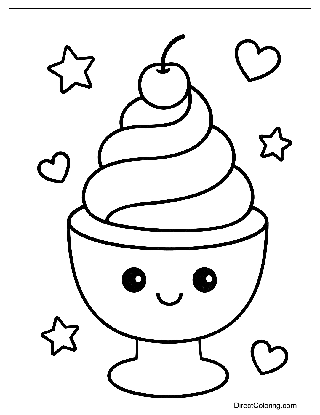 a simple round ice cream cup coloring page with whipped cream topping and cherries.